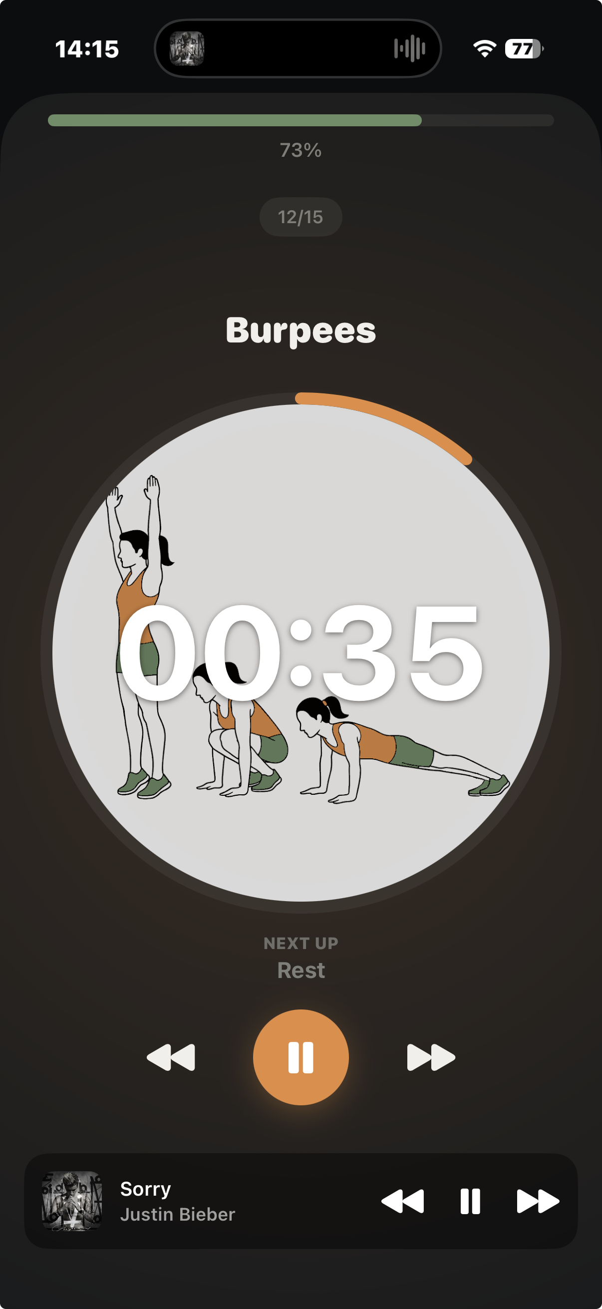 Active workout timer screen in Zestimer