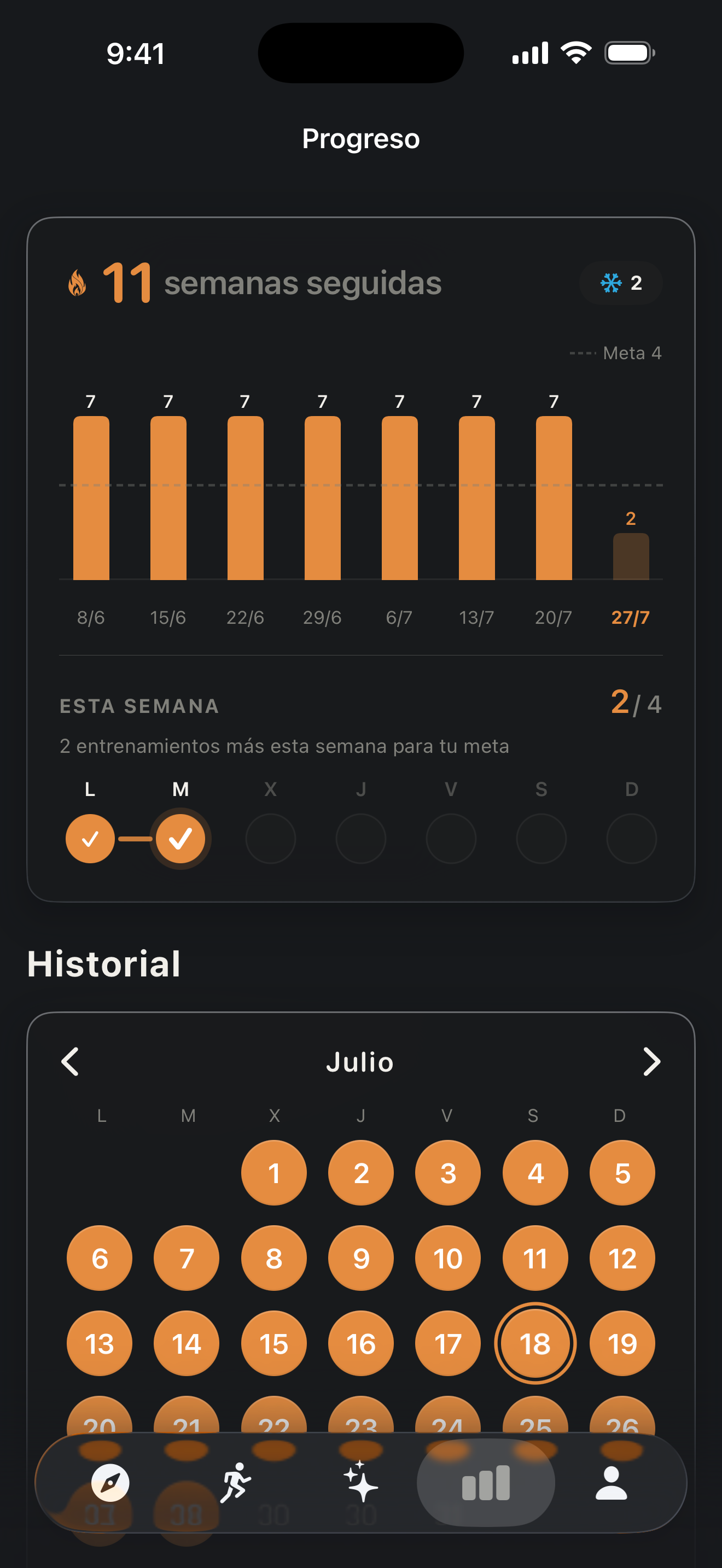 Pantalla de estadísticas de progreso en Zestimer