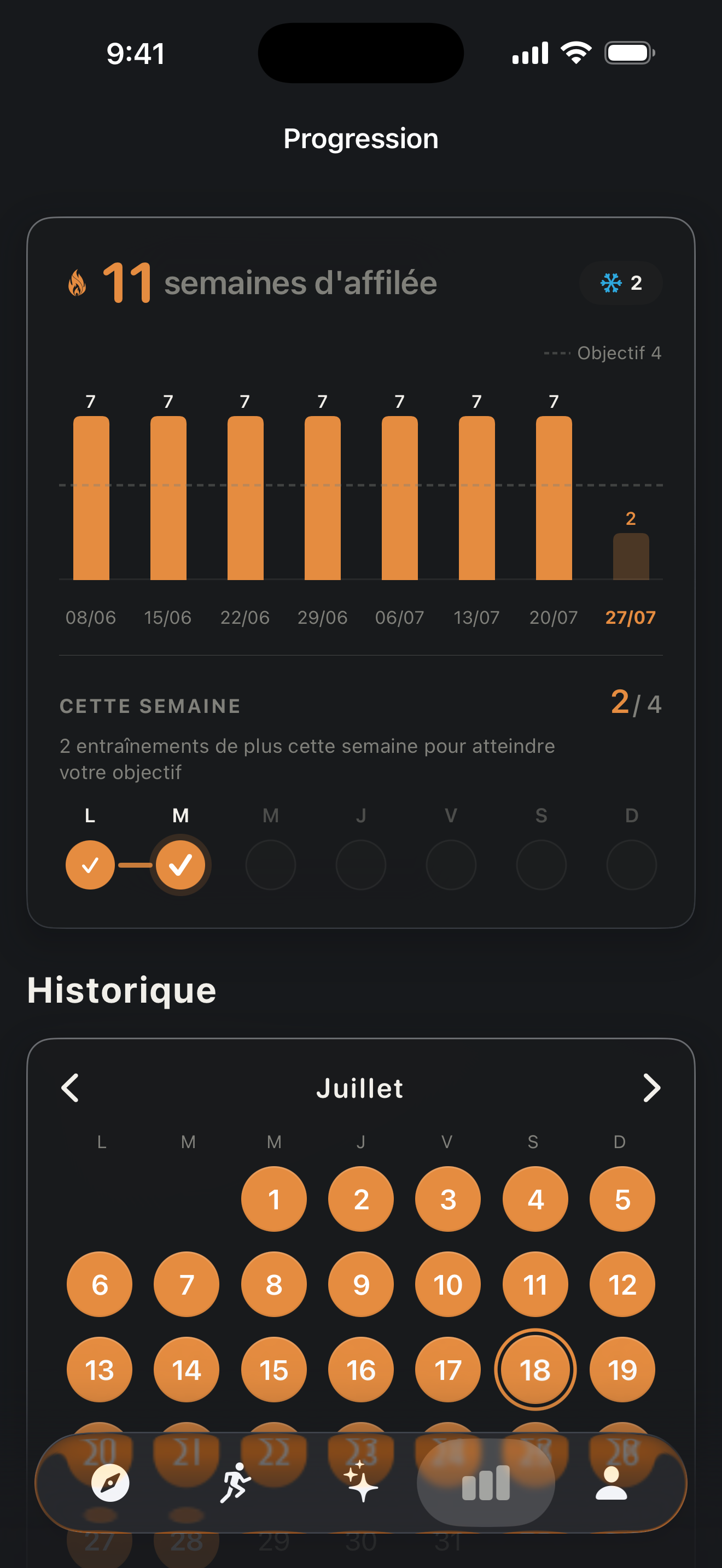 Écran des statistiques de progression dans Zestimer